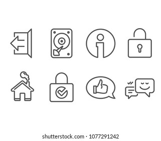Set of Password encryption, Lock and Feedback icons. Hdd, Sign out and Happy emotion signs. Protection locker, Private locker, Speech bubble. Hard disk, Logout, Web chat. Vector