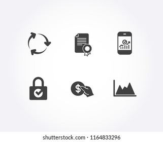 Set of Password encryption, Smartphone statistics and Certificate icons. Recycling, Payment and Diagram signs. Protection locker, Mobile business, Certificate Diploma. Reduce waste, Usd coin. Vector