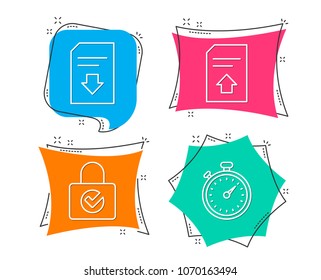 Set of Password encryption, Upload file and Download file icons. Timer sign. Protection locker, Load document, Stopwatch gadget.  Flat geometric colored tags. Vivid banners. Trendy graphic design