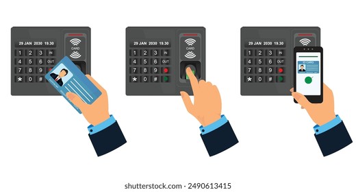 Set of password and fingerprint security device at office or home door.Hand with smartphone with id card application. Access control machine, time attendance.Proximity card reader,vector illustration.