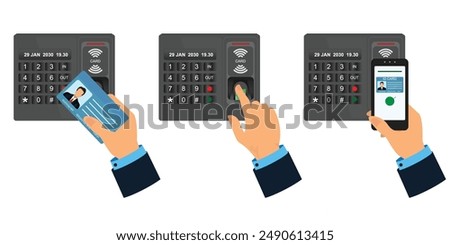 Set of password and fingerprint security device at office or home door.Hand with smartphone with id card application. Access control machine, time attendance.Proximity card reader,vector illustration.