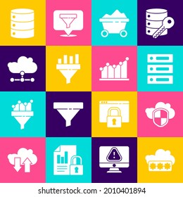 Set Password protection, Cloud and shield, Server, Data, Web Hosting, Coal mine trolley, Sales funnel with chart, Network cloud connection,  and Pie infographic icon. Vector