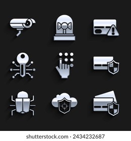 Set Password protection, Cloud and shield, Credit card with, System bug, Smart key,  and Security camera icon. Vector