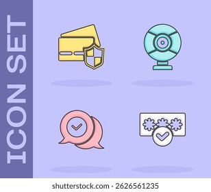 Set Password protection, Credit card with shield, Check mark in speech bubble and Security camera icon. Vector