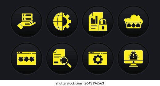 Set Password protection, Document with search, Browser setting, and lock, Globe of the Earth gear, Monitor exclamation mark and Server, Data, Web Hosting icon. Vector