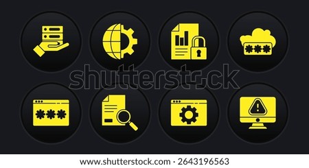 Set Password protection, Document with search, Browser setting, and lock, Globe of the Earth gear, Monitor exclamation mark and Server, Data, Web Hosting icon. Vector