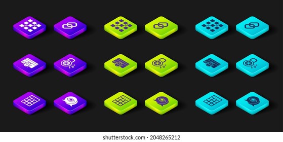 Set Password protection, Eye scan, System bug in credit card, Cyber security, Chain link and Graphic password icon. Vector