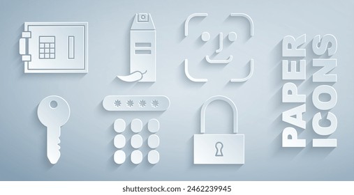 Set Password protection, Face recognition, Key, Lock, Pepper spray and Safe icon. Vector
