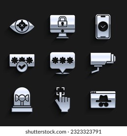Set Password protection, Fingerprint, Browser incognito window, Security camera, Flasher siren, Smartphone and Eye scan icon. Vector