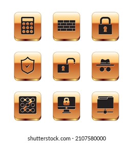 Setzen Sie Passwortschutz, Grafikkennwort, Sperren des Computerbildschirms, Padlock öffnen, Schild mit Markierung, FTP-Ordner und Firewall, Sicherheitswandsymbol ein. Vektorgrafik