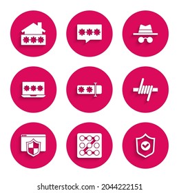 Set Password protection, Graphic password, Shield with check mark, Barbed wire, Browser shield, Laptop, Incognito mode and House icon. Vector