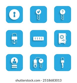 Set Password protection, House with key, Locked, Safe, Create account screen, Key broke inside of padlock, Undefined and Keyhole icon. Vector