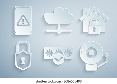 Set Password protection, House under, Lock, Ringing alarm bell, Network cloud connection and Mobile with exclamation mark icon. Vector