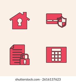 Set Password protection, House under, Credit card with shield and Document and lock icon. Vector
