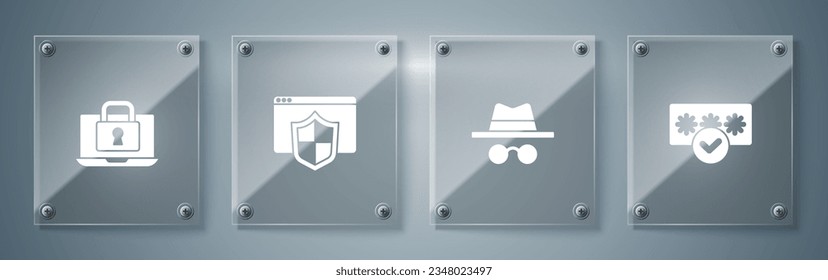 Set Password protection, Incognito mode, Browser with shield and Laptop and lock. Square glass panels. Vector