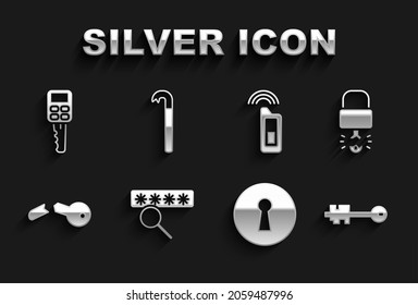 Setzen Sie Passwortschutz, Schlüssel ist in Padlock gebrochen, alte Taste, Keyhole, Broken, Auto mit Remote und Crowbar Symbol. Vektorgrafik