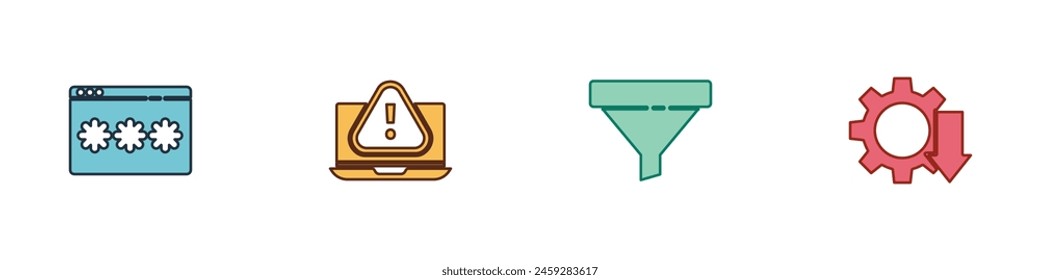 Set Password protection, Laptop with exclamation mark, Sales funnel and Cost reduction icon. Vector