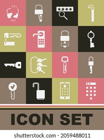 Set Password protection, Locked key, Old, Digital door lock, Marked, Broken cracked and Key broke inside of padlock icon. Vector