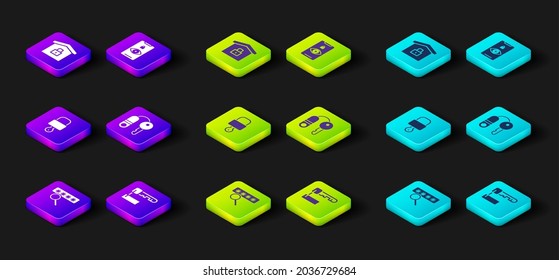 Set Password protection, Marked key, Lock and, House with, Eye scan and under icon. Vector