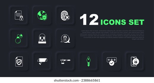 Set Password protection, Mobile with closed padlock, Ringing alarm bell, Key, Bomb, Security camera, Shield world globe and Parking car barrier icon. Vector