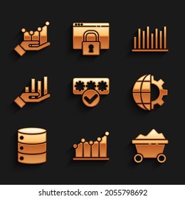 Establecer protección con contraseña, infografía de gráfico circular, carro de minas de carbón, Globe of the Earth y equipo, Servidor, Datos, Alojamiento web e icono. Vector