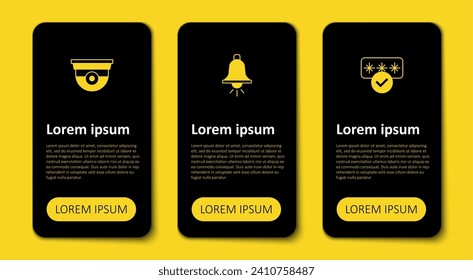 Set Password protection, Ringing alarm bell and Security camera. Business infographic template. Vector