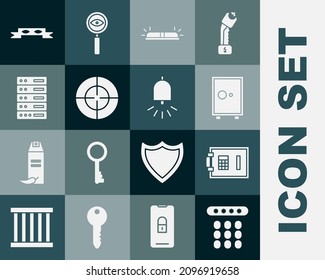 Establezca la protección con contraseña, Safe, Flasher siren, Target sport, Server, Data, Web Hosting, Thief eye mask y el icono de la campana de alarma Ringing. Vector