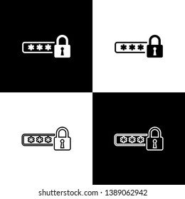 Set Password protection and safety access icons isolated on black and white background. Lock icon. Security, safety, protection, privacy concept. Vector Illustration