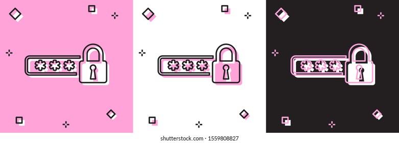 Set Password protection and safety access icon isolated on pink and white, black background. Lock icon. Security, safety, protection, privacy concept.  Vector Illustration