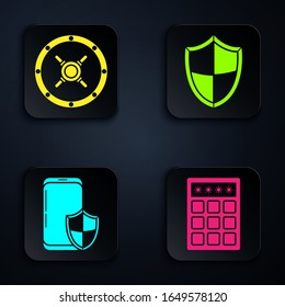 Establezca la protección por contraseña y el acceso de seguridad , Safe , Smartphone con escudo de seguridad y escudo . Botón cuadrado negro. Vector