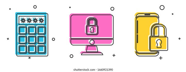 Set Password protection and safety access , Lock on computer monitor screen and Smartphone with closed padlock  icon. Vector