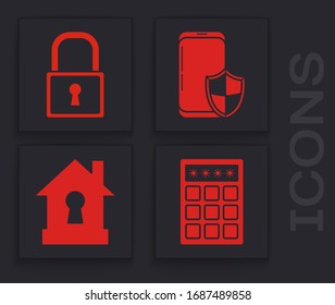 Establecer protección por contraseña y acceso de seguridad , Bloquear , Teléfono inteligente con protección de seguridad y Casa bajo protección icono. Vector