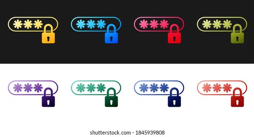 Set Password protection and safety access icon isolated on black and white background. Lock icon. Security, safety, protection, privacy concept. Vector.