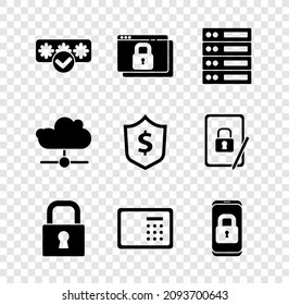 Set Password protection, Secure your site with HTTPS, SSL, Server, Data, Web Hosting, Lock, Safe, Mobile closed padlock, Network cloud connection and Shield dollar icon. Vector