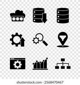 Set Password protection, Server, Data, Web Hosting, Browser setting, Pie chart infographic, Hierarchy organogram, Arrow growth gear and Magnifying glass and icon. Vector