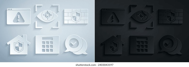 Establecer protección con contraseña, Escudo con pared de ladrillo, Casa debajo, Marcar en burbuja de voz, Exploración ocular e icono de exclamación del navegador. Vector