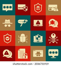 Set Password protection, Smart key, System bug, Incognito mode, Security camera,  and Laptop with exclamation mark icon. Vector