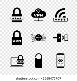 Set Password protection, VPN Network cloud connection, Wifi locked, Laptop with password, Please do not disturb and Mobile and eye scan icon. Vector