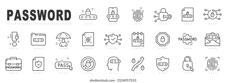 Set of password related line icons. Security, lock, login, acces, code etc. Editable stroke.