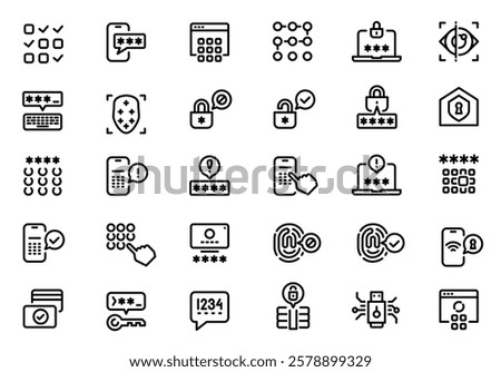 Set of password and security line icons illustrating various user authentication methods like typing passwords, using pin codes, and biometric scans, emphasizing data protection