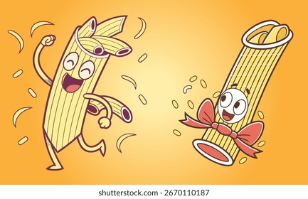 Set von Pasta-Charakter mit niedlichen Gesicht in einfachen Cartoon-Stil.Illustration Vektorgrafik Kinder Zeichnung Stil lustig alle verschiedenen Arten von Pasta tanzen in einem Cartoon-Stil.