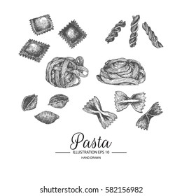 Set of pasta. Hand drawn collection by ink and pen sketch. Isolated vector elements can use for pasta products and packaging.