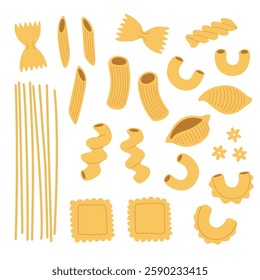 Set of pasta and macaroni, various shapes and types. Hand-drawn vector illustration isolated on white background.