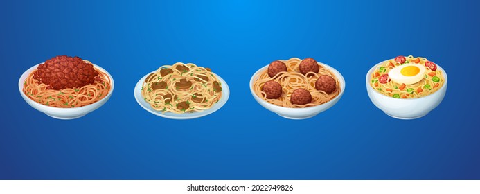 Set of pasta meals, restaurant or homemade noodles