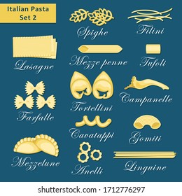 A set of pasta, part 2. Illustrated Italian pasta. Traditional italian cuisine menu.