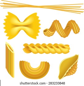 Set of pasta shapes, macaroni, Celentani, Chifferi, Fusilli, Shells, Rotelle. Vector illustration