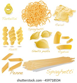 Set of pasta shapes. Vector illustration
