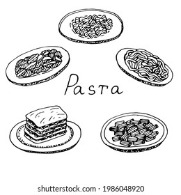 Set Of Pasta Shells, Farfalle, Linguini, Lasagna And Rigatoni, Vector Illustration, Hand Drawing, Sketch