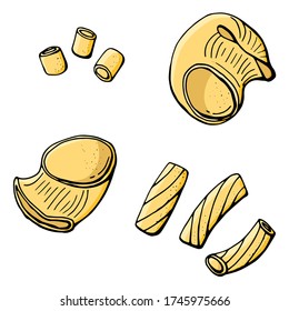 Set of pasta various types. Pipe fittings, rigatoni, ditalini. Separate on white background. Stock illustration.