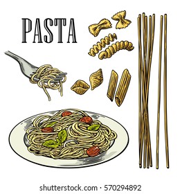 Set pasta. Vector vintage color illustration isolated on white background.